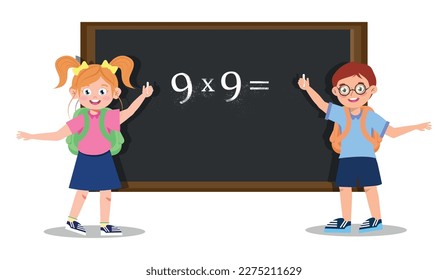 Vector illustration of cute school children solving a math equation near the blackboard. A cartoon scene with a smiling boy and girl writing an example from the multiplication table with chalk.