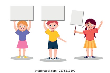 Vector illustration of cute school children with placards. Cartoon scene with smiling boy and girl holding blank placards for banners, announcements isolated on white background.