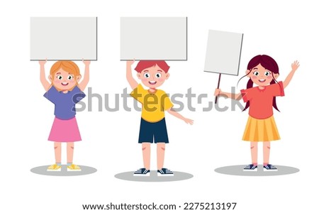 Vector illustration of cute school children with placards. Cartoon scene with smiling boy and girl holding blank placards for banners, announcements isolated on white background.