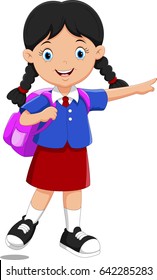 Vector illustration of cute school girl cartoon with backpack