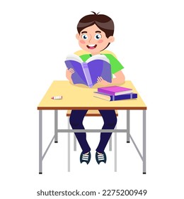 Vector illustration of a cute schoolboy. A cartoon scene with a smiling boy sitting at a desk with a book and a pencil and holding a book in his hands isolated on a white background.