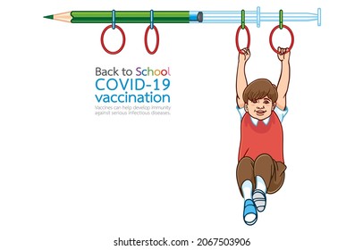 Vector illustration of cute schoolboy playing and swinging along on monkey bar ring hanging down made of syringes turned into green pencil, Safety, Health, COVID-19 vaccination school reopening.