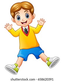 Vector illustration of A cute schoolboy waving hands