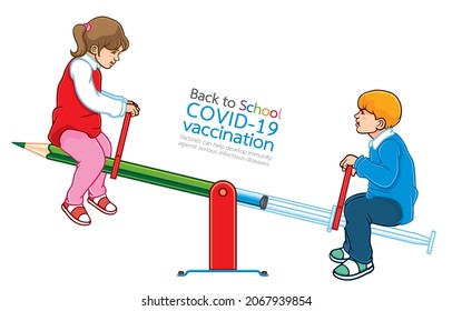 Vector illustration of cute schoolchildren playing seesaw made with green pencil and syringe, happy playground, on white, Fun study, Safety, Student health, COVID-19 vaccination, School reopening.