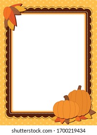 A vector illustration of a cute scrapbook style fall frame with empty space and pumpkins and fall leaves