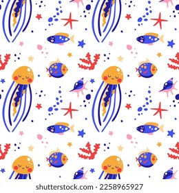 Vector illustration of cute sea animals. Seamless pattern on a white background. It can be used for children's fabrics, wallpapers.