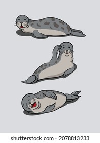 Ilustración vectorial de las hermosas focas marinas tendidas alrededor. Ideal para el día de los animales, el día de la foca, etc.