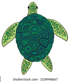 Vector illustration cute sea turtle. Beautiful colour drawings with patterns and small details. Graphic element design for poster, print, postcard, etc. Wildlife abstract hand drawing.