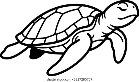 Vector illustration of a cute sea turtle swimming, designed in a simple cartoon style with clean black outlines, perfect for coloring pages or kids' activities.