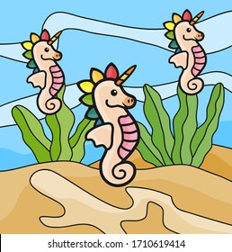 Vector illustration of Cute Seahorses cartoon, in the ocean,