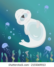 Vector illustration of cute seal, baby seal underwater, ocean sea jellyfish