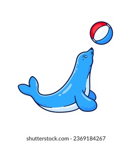 Vector Illustration of Cute Seal Playing with Beach Ball in Cartoon Style