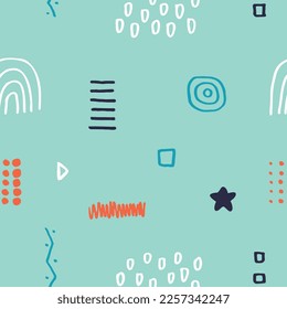 Vector illustration. Cute seamless background. Memphis pattern. Fashion 20s, 30s. Retro funky graphic. Hand drawn print element. Repeat square banner. Minimalist color backdrop. Fabric decoration