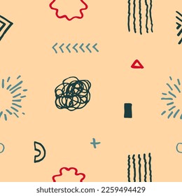 Vector illustration. Cute seamless background. Memphis pattern. Fashion 50s, 60s. Retro funky graphic. Hand drawn print element. Repeat square banner. Minimalist color backdrop. Fabric decoration