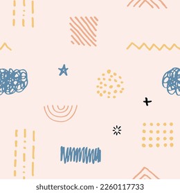 Vector illustration. Cute seamless background. Memphis pattern. Fashion 80s, 90s. Retro funky graphic. Hand drawn print element. Repeat square banner. Minimalist color backdrop. Fabric decoration