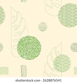 Vector illustration. Cute seamless background. Fashion 80s, 90s. Retro funky graphic. Hand drawn print element. Repeat square banner. Fabric decoration. Monstera leaves contour with doodle designs