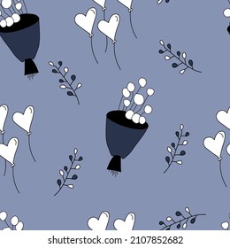 Vector illustration. Cute seamless love pattern: hand-drawn heart shape made up of kisses, lips. Doodle illustration in cartoon style. Festive design for print and textile, wallpaper, wrapping.