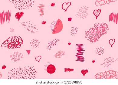 Vector illustration. Cute seamless pattern. Hand drawing elements. Red, pink color doodles. Romantic style. Ornamental background. Design for print, poster, cover, wallpaper, template, greeting card.