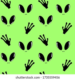 Vector illustration. Cute seamless pattern with eyes and hands alien isolated on green. Hand drawn simple doodle clipart. Space theme. Ideal for textile, poster, banner, gift wrapping.