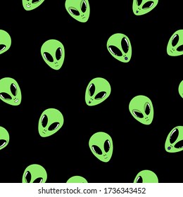 Vector illustration. Cute seamless pattern with green alien faces with different emotions isolated on black. Hand drawn doodle clipart. Space theme. Ideal for textile, poster, banner, gift wrapping.