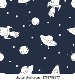 Vector illustration. Cute seamless pattern with asteroid, flying saucer, space satellite, rocket and stars isolated on a dark gray. Hand drawn doodle clipart. Ideal for fabric, textile, baby projects.