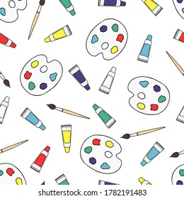 Vector illustration. Cute seamless pattern with colorful palettes, paint brushes and tubes of oil paint isolated on white. Hand drawn doodle clipart. For textile, poster, fabric print, gift wrapping.