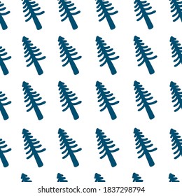 Vector illustration. Cute seamless pattern with blue Christmas trees silhouette isolated on white. Holiday decoration design element. Hand drawn pine doodle clipart. For wrapping paper, fabric, banner