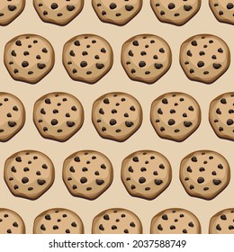 Vector illustration of a cute seamless pattern, background with chocolate cookies. The icon of a freshly baked chocolate cookie. Packaging paper. The pattern.