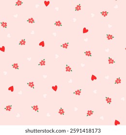 Vector illustration. Cute seamless pattern with flowers and hearts in pink tones. Floral pattern, girlish print for fabric, children's textile, wallpaper