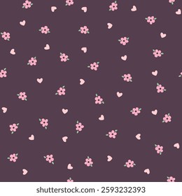 Vector illustration. Cute seamless pattern with flowers and hearts in pink tones on a dark background. Floral pattern, girlish print for fabric, children's textile, wallpaper.