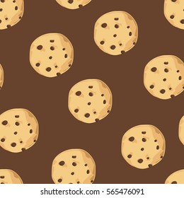 Vector Illustration Cute Seamless Pattern, Background With Chocolate Chip Cookie. Freshly Baked Choco Cookie Icon. Food Pattern