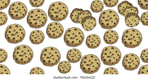 Vector illustration cute seamless pattern, background with chocolate chip cookie. Food pattern