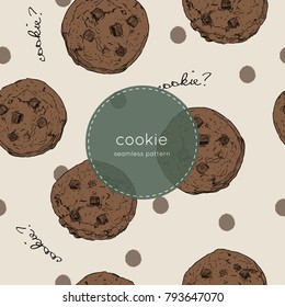 Vector illustration cute seamless pattern, background with chocolate chip cookie. Freshly baked choco cookie icon. Food pattern