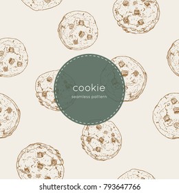 Vector illustration cute seamless pattern, background with chocolate chip cookie. Freshly baked choco cookie icon. Food pattern