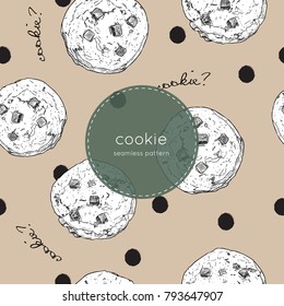 Vector Illustration Cute Seamless Pattern, Background With Chocolate Chip Cookie. Freshly Baked Choco Cookie Icon. Food Pattern