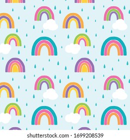 A vector illustration of a cute seamless repeating pattern of cute bright colorful rainbows in a hand drawn style