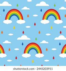 A vector illustration of a cute seamless repeating pattern of bright colorful rainbows, clouds and rain drops in a hand drawn doodle style