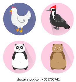 Vector illustration of a cute set of animals icons (chicken,panda,bear, woodpecker)