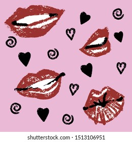 Vector illustration cute set of cartoon red lips and heart. Separated objects on pink background
