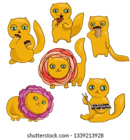 Vector illustration cute set of cats, flat icons. Cartoon with sushi, coffee, pizza, muffin in ginger and Violet colours isolated on white background