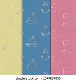 Vector Illustration. Cute set of children patterns in pastel colors with rainbow balloons, sun and little clouds, ships and anchors, toy horses and butterflies, for the baby girl or boy.