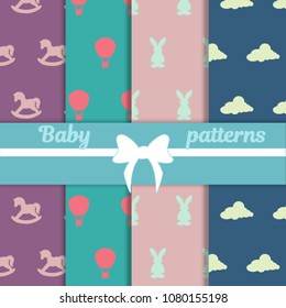 Vector Illustration. Cute set of children patterns in bright colors with horse toys, balloons, rabbits and clouds, for the baby girl or boy.