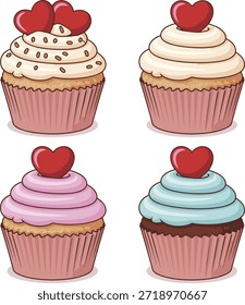 Ilustración vectorial de un lindo conjunto de cupcakes con glaseado cremoso y cerezas, perfecto para diseños de postres de cumpleaños y celebración