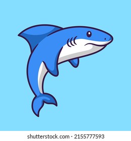 Vector Illustration of Cute Shark in Cartoon Hand Drawn Flat Style Isolated on Blue Background