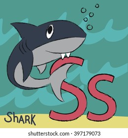 Vector illustration of a cute shark with letter s