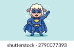 Vector illustration of a cute sheep character wearing a blue superhero costume with a cape and mask posing on a light background