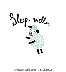 vector illustration of a cute sheep and hand lettering sleep well text