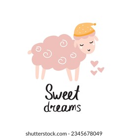 Vector illustration of a cute sheep with hearts. Children's poster with a happy sheep. Poster for the nursery.