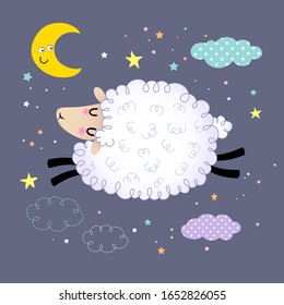 Vector illustration of cute sheep jumping in the night sky.