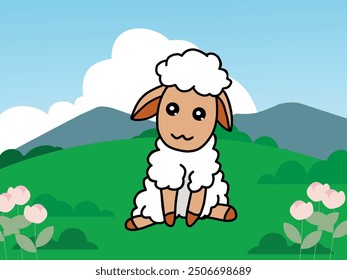 Ilustración vectorial de ovejas lindas con un fondo de paisaje por nara senja